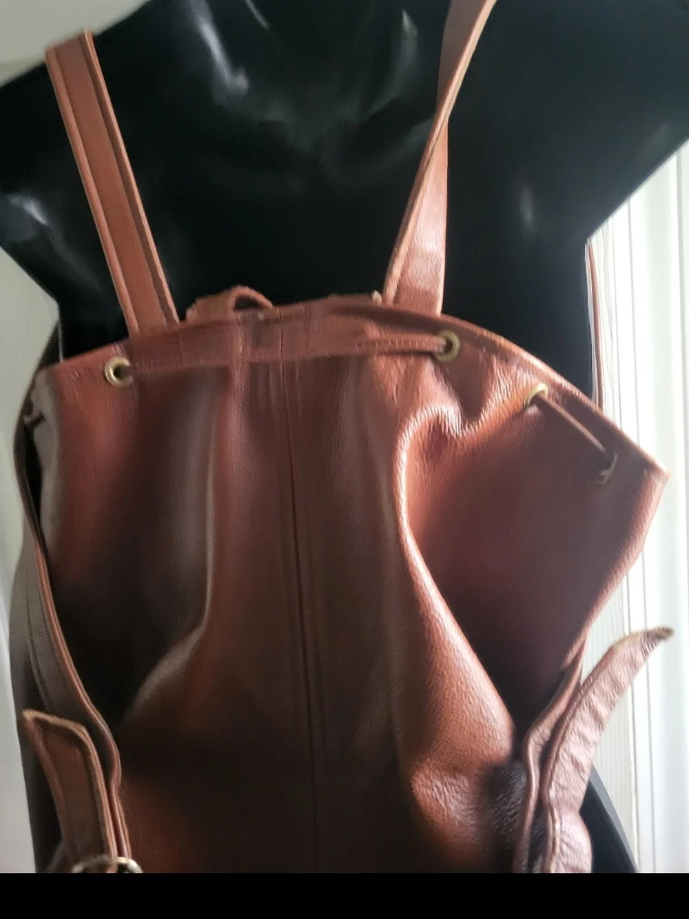Leather Unisex Drawstring Backpack Brown with Front Buckle Pockets Extra Large